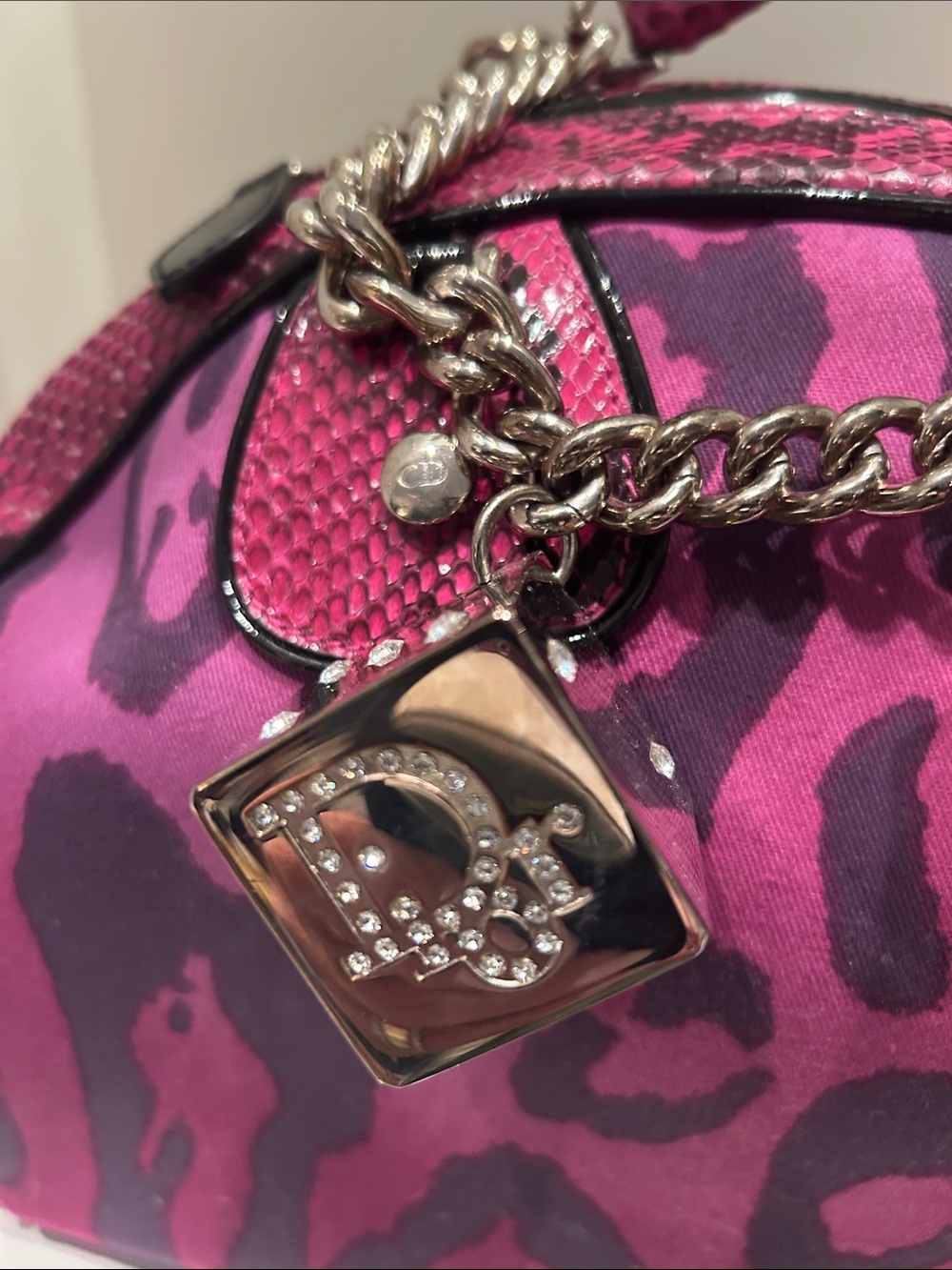 Dior Pink and Magenta Leopard-Print Satchel with Chain Charm - Picture 2 of 12